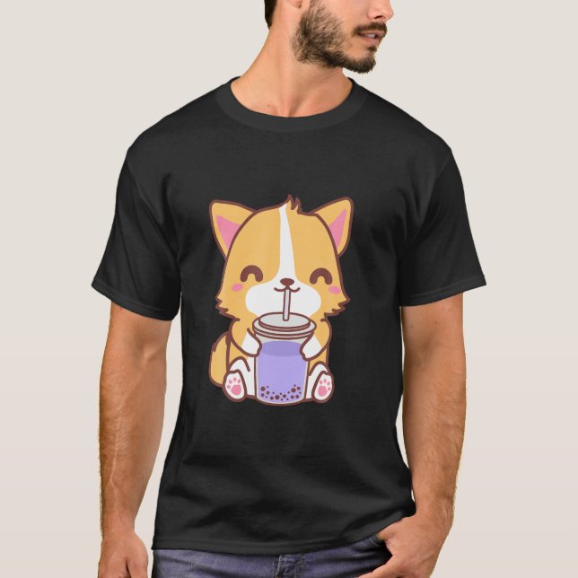 Kawaii Cute Boba Corgi Dog Taro Bubble Pearl Milk T-Shirt (Front)