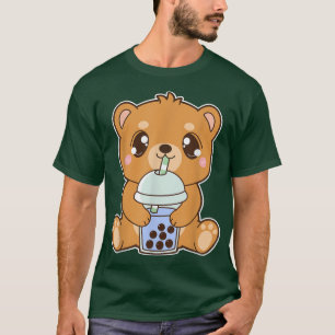 Kawaii Cute Boba Grizzly Bear Blue Bubble Pearl Mi T-Shirt