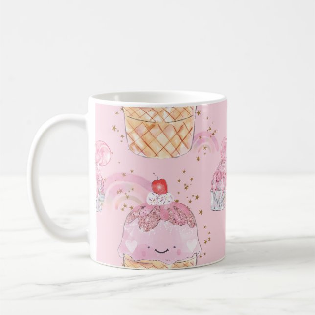 Kawaii Cute Cakes with Cherries – Pastel Purple Coffee Mug (Left)