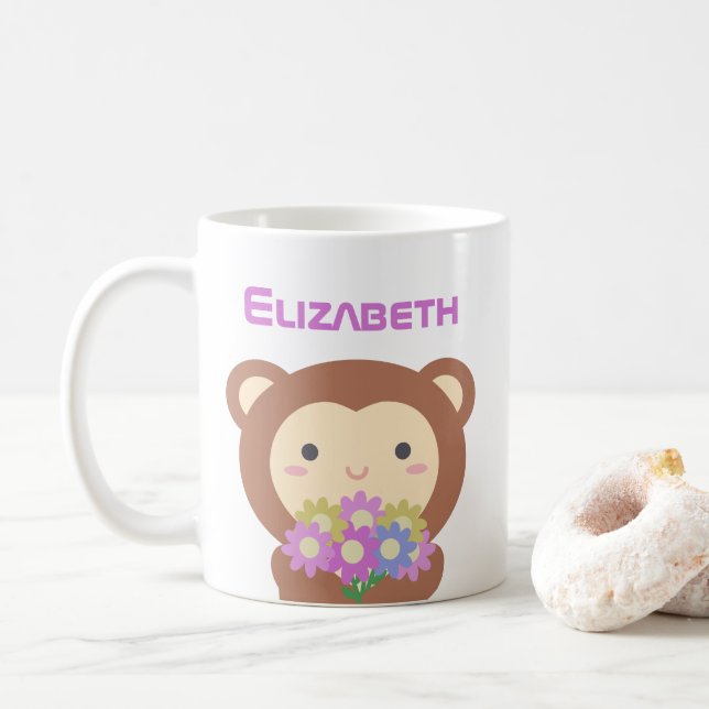 Kawaii Cute Cartoon Monkey Purple Pink Flowers Coffee Mug (With Donut)