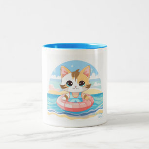 kawaii cute cat sea beach summer Two-Tone coffee mug