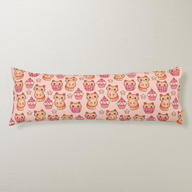 Kawaii Cute Cats and Cupcakes Pink Pattern Body Cushion (Front)