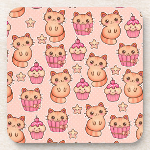 Kawaii Cute Cats and Cupcakes Pink Pattern Coaster