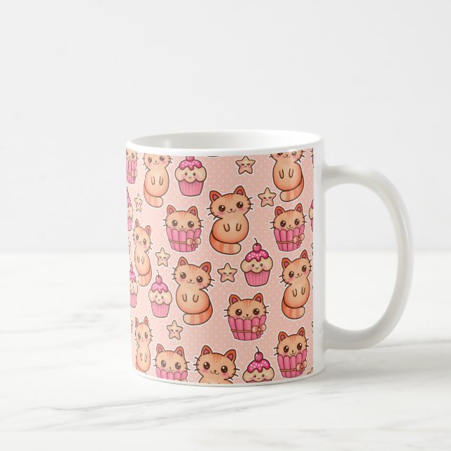 Kawaii Cute Cats and Cupcakes Pink Pattern Coffee Mug (Right)