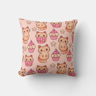 Kawaii Cute Cats and Cupcakes Pink Pattern Cushion