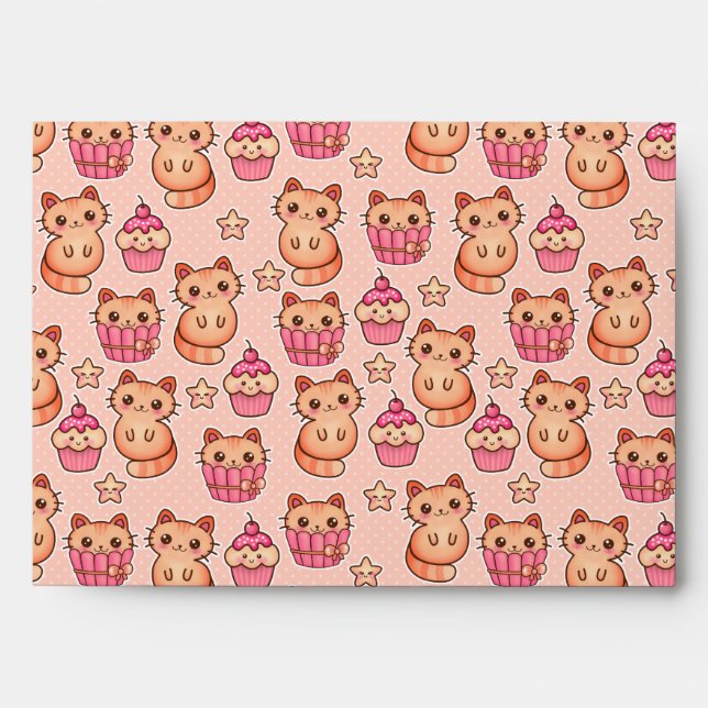 Kawaii Cute Cats and Cupcakes Pink Pattern Envelopes (Front)