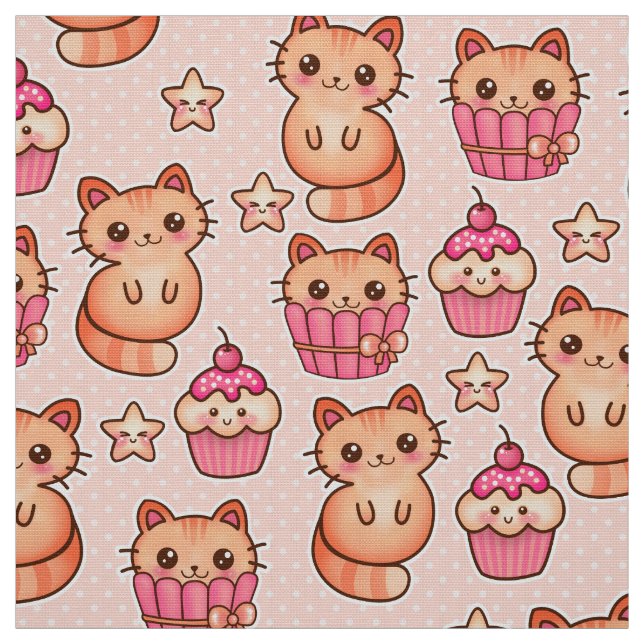 Kawaii Cute Cats and Cupcakes Pink Pattern Fabric (Swatch)