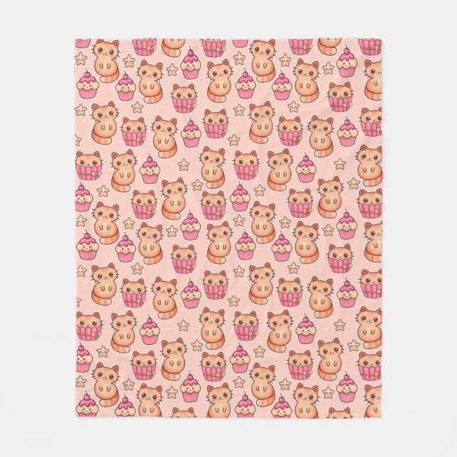 Kawaii Cute Cats and Cupcakes Pink Pattern Fleece Blanket (Front)