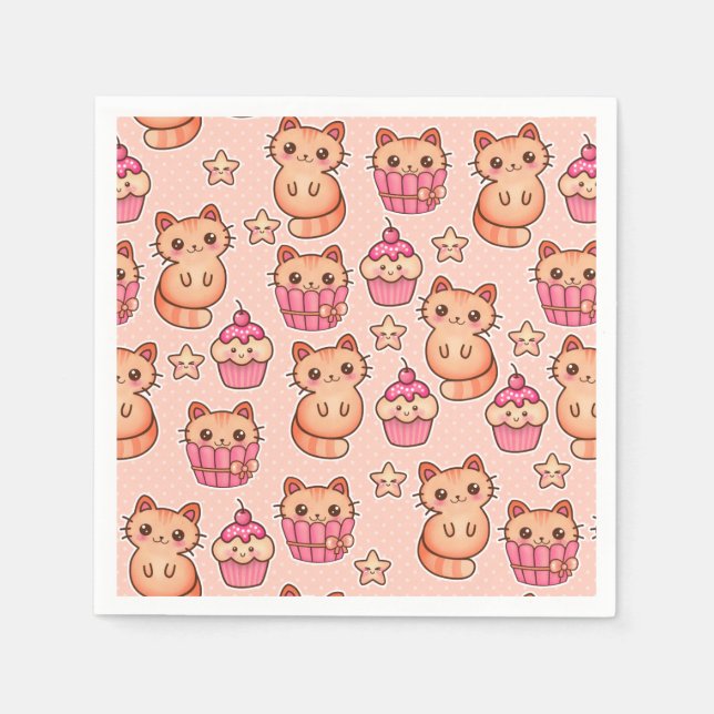 Kawaii Cute Cats and Cupcakes Pink Pattern Napkin (Front)