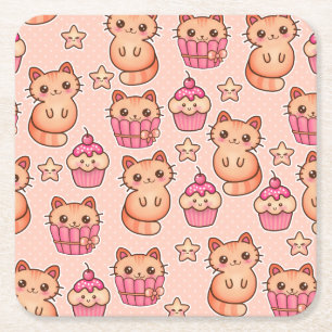 Kawaii Cute Cats and Cupcakes Pink Pattern Square Paper Coaster