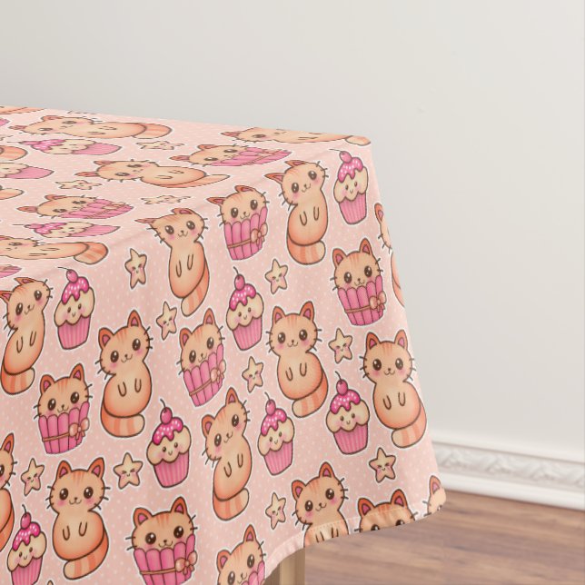 Kawaii Cute Cats and Cupcakes Pink Pattern Tablecloth (In Situ)