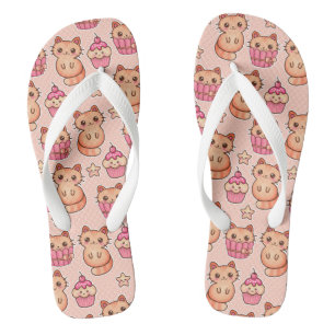 Kawaii Cute Cats and Cupcakes Pink Pattern Thongs