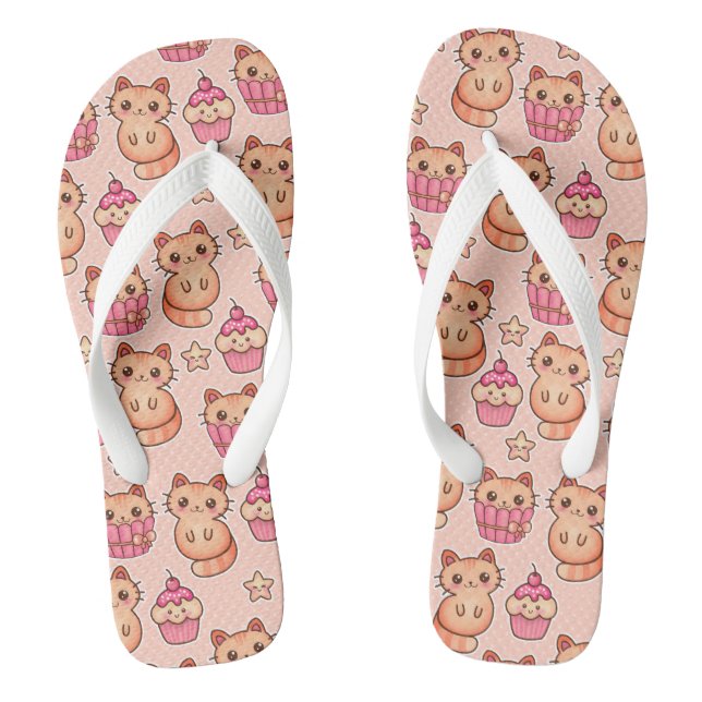 Kawaii Cute Cats and Cupcakes Pink Pattern Thongs (Footbed)