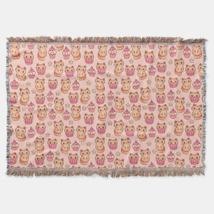 Kawaii Cute Cats and Cupcakes Pink Pattern Throw Blanket