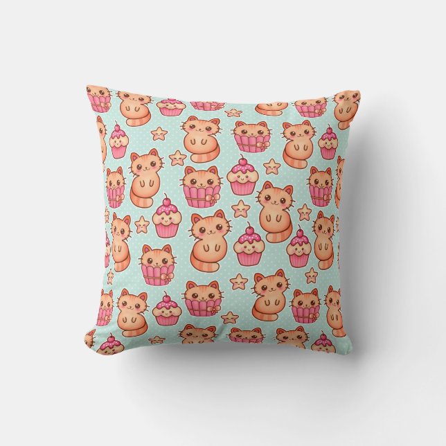 Kawaii Cute Cats Cupcakes Pink and Blue Pattern Cushion (Front)