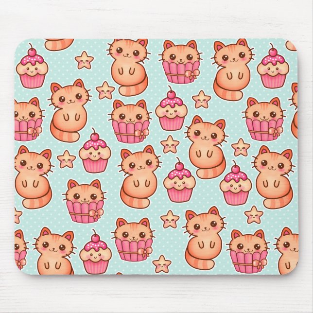 Kawaii Cute Cats Cupcakes Pink and Blue Pattern Mouse Pad (Front)