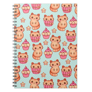 Kawaii Cute Cats Cupcakes Pink and Blue Pattern Notebook