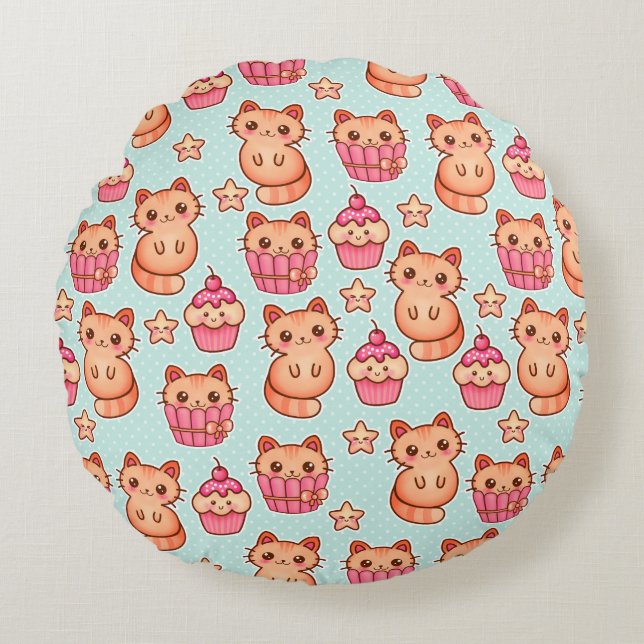 Kawaii Cute Cats Cupcakes Pink and Blue Pattern Round Cushion (Front)