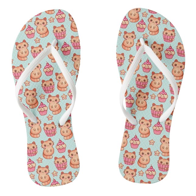 Kawaii Cute Cats Cupcakes Pink and Blue Pattern Thongs (Footbed)