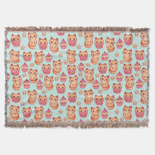 Kawaii Cute Cats Cupcakes Pink and Blue Pattern Throw Blanket