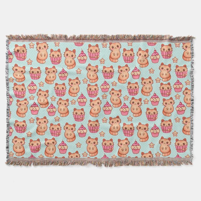 Kawaii Cute Cats Cupcakes Pink and Blue Pattern Throw Blanket (Front)