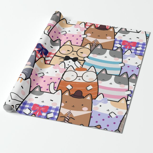  Kawaii Cute Cats Seamless Pattern Wrapping Paper (Unrolled)