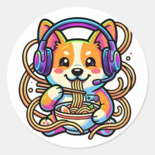 Kawaii Cute Corgi Gamer Eating Ramen Badge Classic Round Sticker