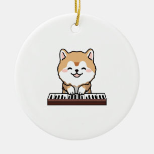 Kawaii Cute Dog Playing Piano Keyboard Ceramic Ornament