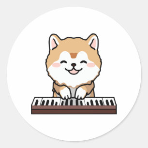 Kawaii Cute Dog Playing Piano Keyboard Classic Round Sticker