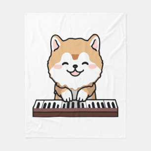 Kawaii Cute Dog Playing Piano Keyboard Fleece Blanket