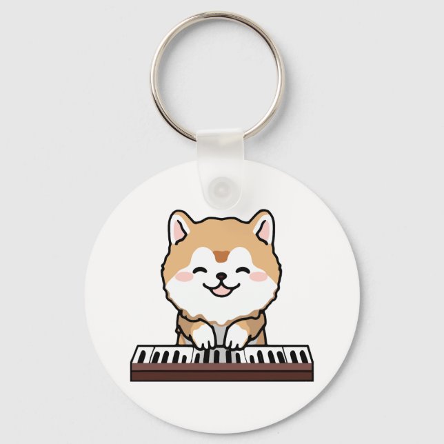 Kawaii Cute Dog Playing Piano Keyboard Key Ring (Front)