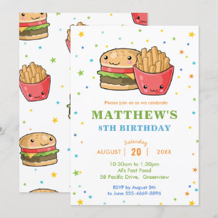 Kawaii Cute Fast Food Burger Party Boy Birthday Invitation