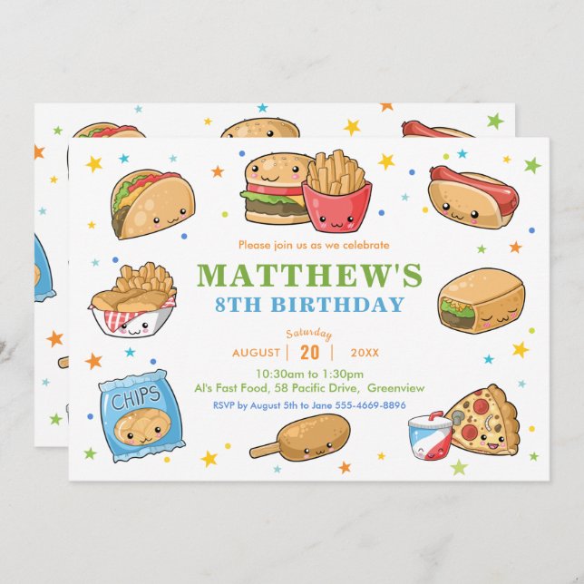 Kawaii Cute Fast Food Party Boy Birthday Invitation (Front/Back)
