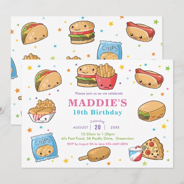 Kawaii Cute Fast Food Party Girl Birthday Invitation (Front/Back)