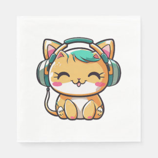 Kawaii Cute Happy Colourful Cat with Headphones Napkin