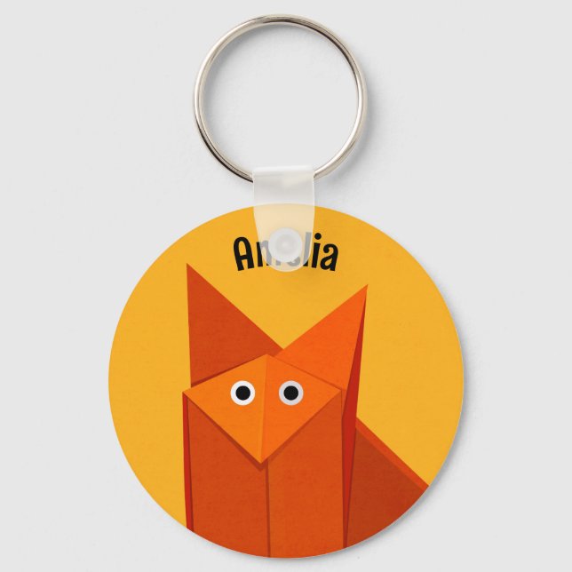 Kawaii Cute Origami Fox Geometric Art Yellow Name Key Ring (Front)