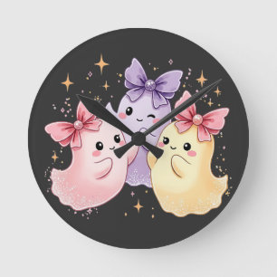 Kawaii Cute Pastel Ghosts with Bows Round Clock