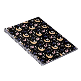 Kawaii Cute Rabbit, Moon and Stars Pattern - Black Notebook