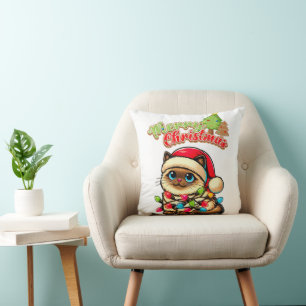 Kawaii Cute Siamese Cat Christmas Hat Xmas Cushion