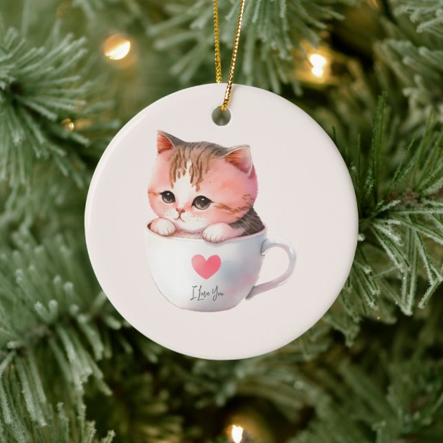 Kawaii Cute Striped Pink Chibi Cat Ceramic Ornament (Tree)