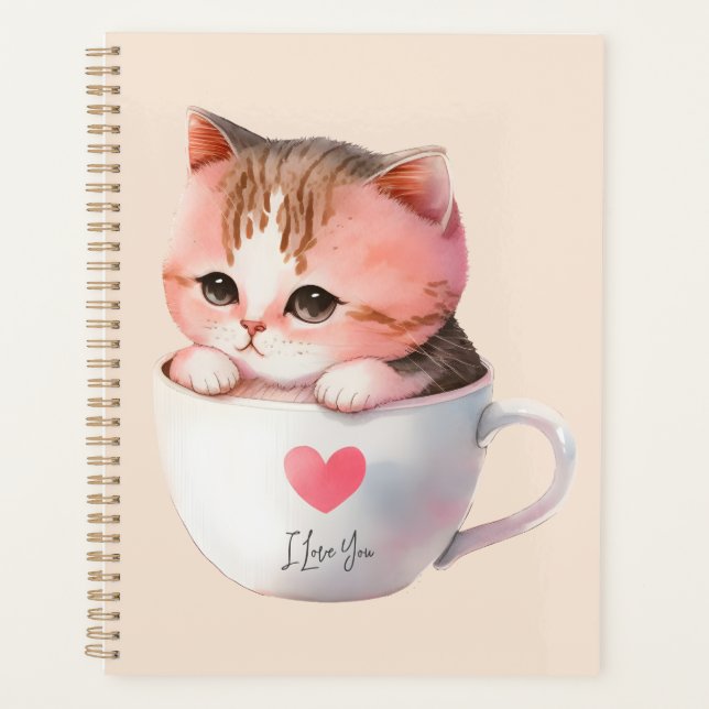 Kawaii Cute Striped Pink Chibi Cat Planner (Front)