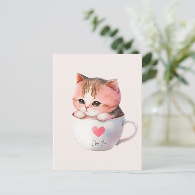 Kawaii Cute Striped Pink Chibi Cat Postcard (Standing Front)