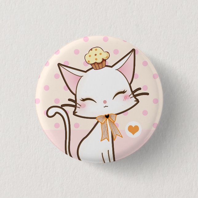 Kawaii cute white cat with cupcake 3 cm round badge (Front)