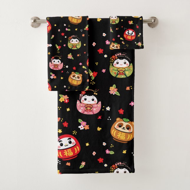 Kawaii daruma pattern bath towel set (Insitu)
