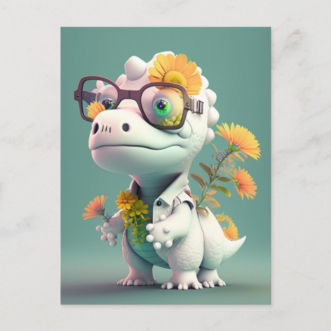 Kawaii Dinosaur Doctor Floral Postcard (Front)