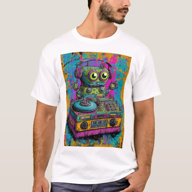 Kawaii DJ Robot — Neon Splatter Turntable Art T-Shirt (Front)