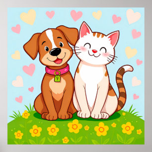 Kawaii Dog and Cat Cartoon Pets Wall Decor Gift