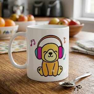 Kawaii Dog Puppy Smiling with Colourful Headphones Coffee Mug