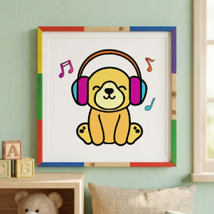 Kawaii Dog Puppy Smiling with Colourful Headphones Photo Print