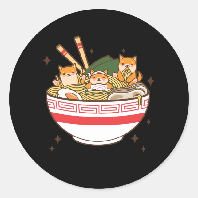 Kawaii dogs eating Ramen Classic Round Sticker (Front)